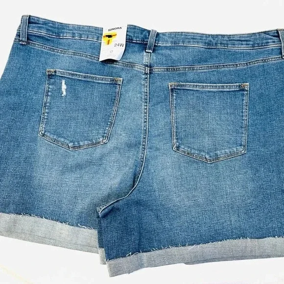 NWT SONOMA Women High Rise Blue Rolled Cuff Distressed Blue Jean Shorts Size 24W - Picture 2 of 4